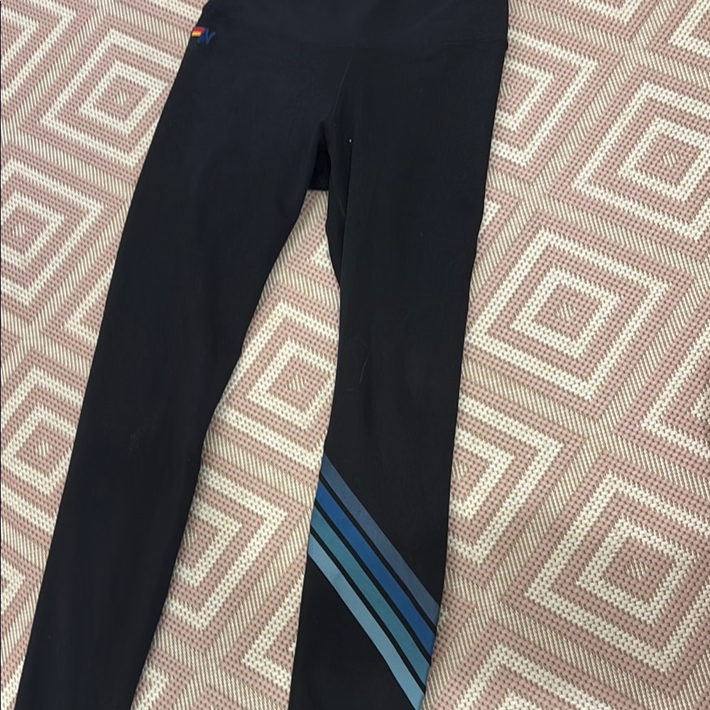 Aviator Nation Black Leggings with Blue Stripes